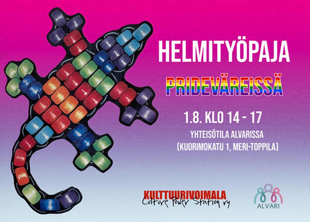 Helmityöpaja Prideväreissä 1.8. klo 14-17 yhteisötila Alvarissa (Kuorimokatu 1, Meri-Toppila)