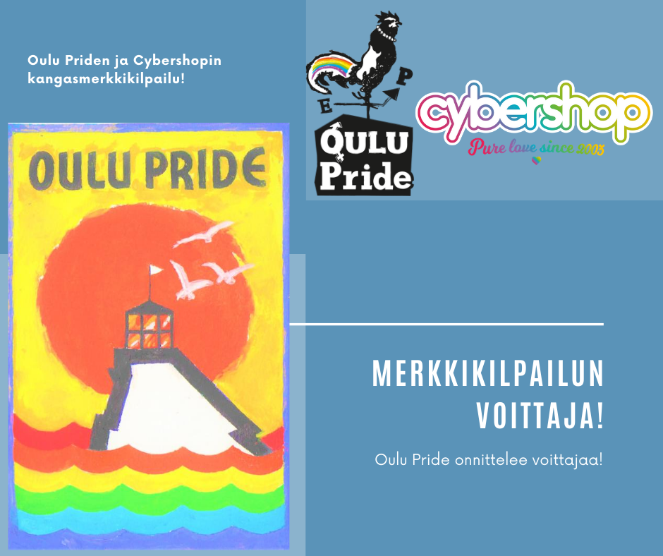 Oulu Priden ja Cybershopin kangasmerkkikilpailun voittaja: voittokuvassa majakka nousee sateenkaaren värisistä alloista, taustalla suuri aurinko.