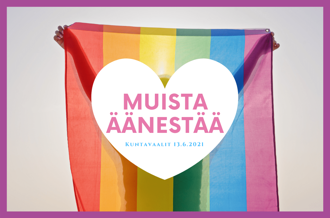 Muista äänestää - kuntavaalit 13.6.2021. Henkilön varjo sateenkaarilipun takana.