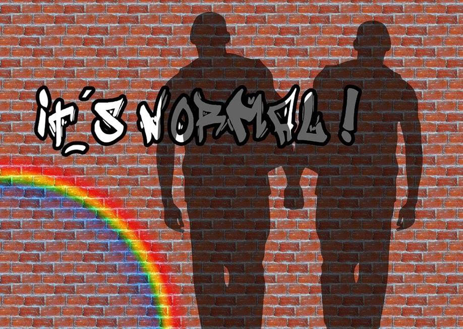 Tiiliseinässä graffiti: "it's normal!" ja sateenkaari, varjokuvassa kaksi miestä pitelevät toisiaan käsistä.