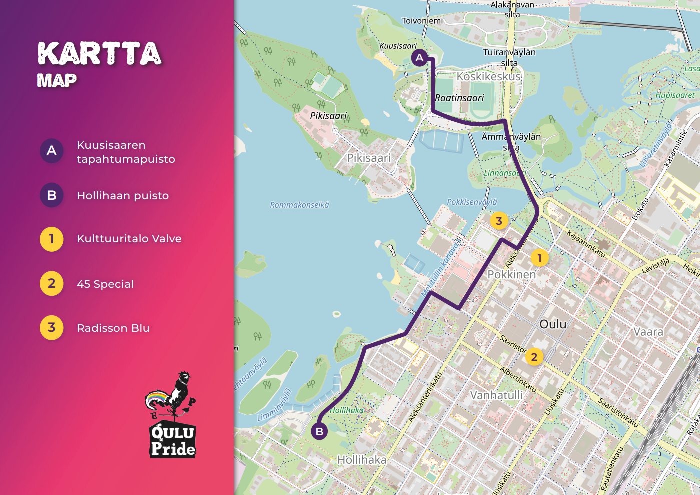 Oulu Pride kulkueen kartta 2023