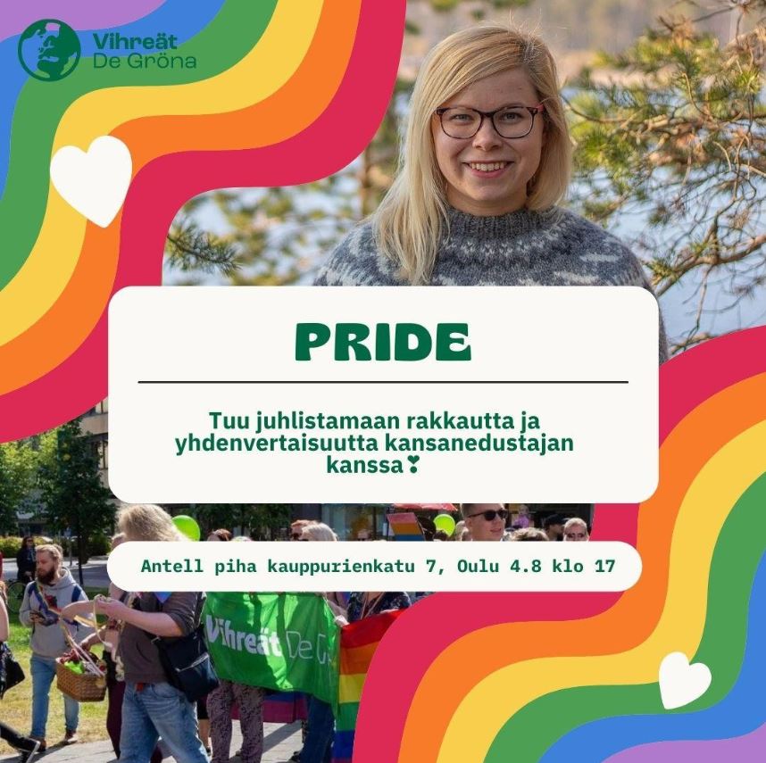 Pride: Tuu juhlistamaan rakkautta ja yhdenvertaisuutta kansanedustajan kanssa! Antell piha kauppurienkatu 7, Oulu 4.8. klo 17