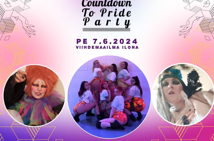 Countdown To Pride-Party: Mainoksessa esiintyjät ALTER, Pridely bootyful ja Miss Pasha Saragdam. Yhteistyökumppaneina Jessi Jokelainen, Swingo ry sekä Viihdemaailma Ilona. Vuoden 2024 Oulu Pride järjestetään 29.7. -4.8.