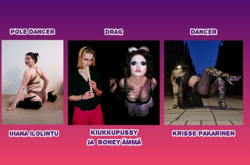 Foreplay-bileiden esiintyjäkaarti Ihana Ilolintu, Kiukkupussy ja Boney Ämmä sekä Krisse Pakarinen